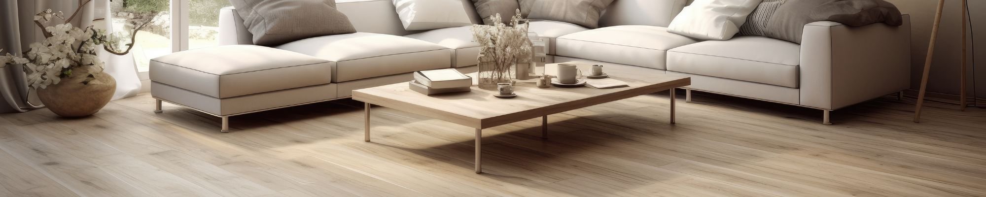 A bright living room featuring white furniture and polished wood floors, creating a modern and inviting atmosphere.