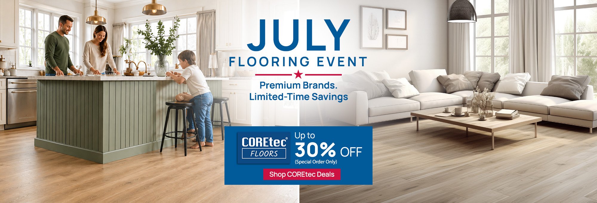 July COREtec Flooring Event announcement with promotional graphics and vibrant colors.