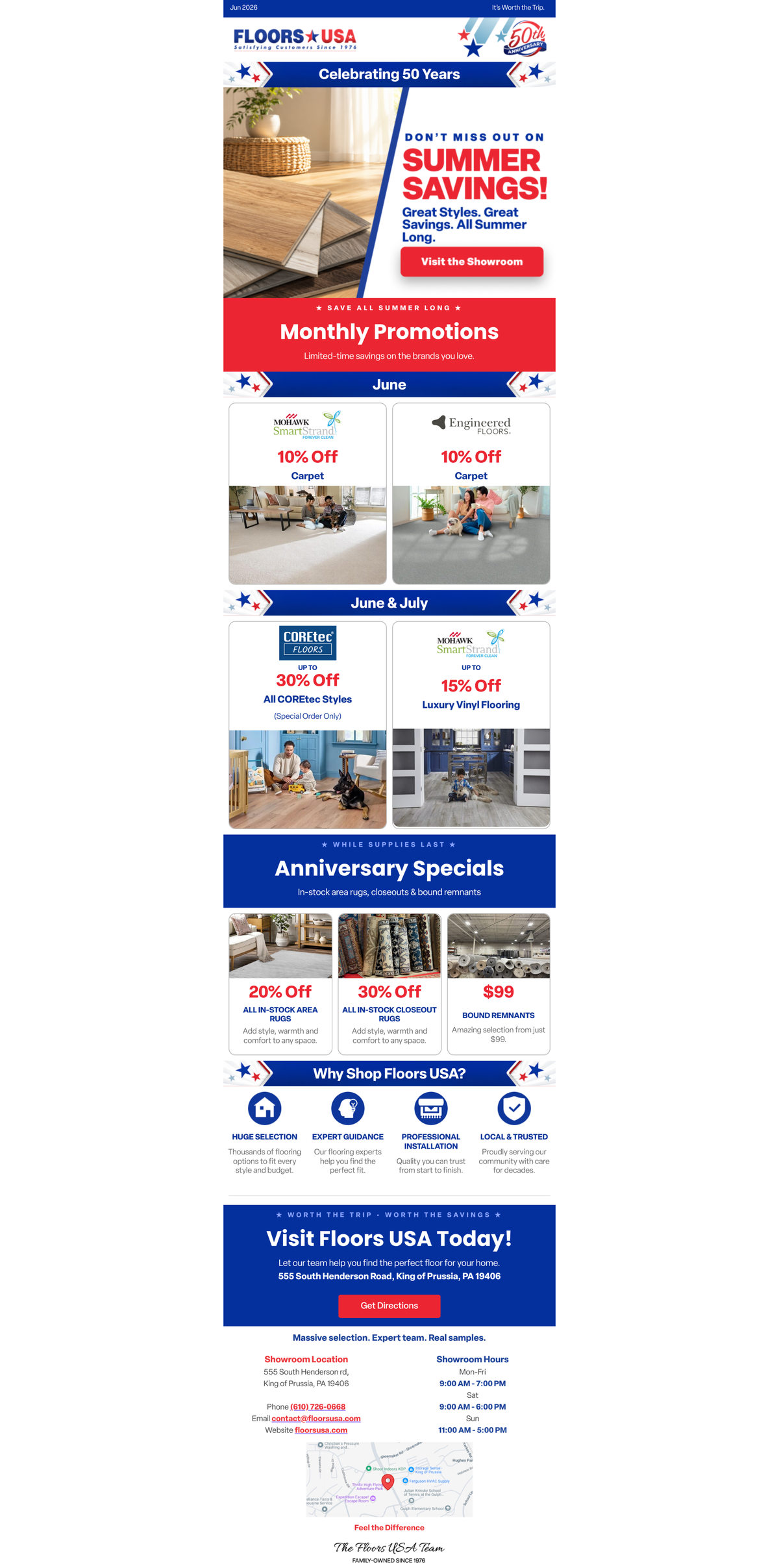 A promotional flyer showcasing various flooring pieces offered by Floors USA, featuring images and pricing details.