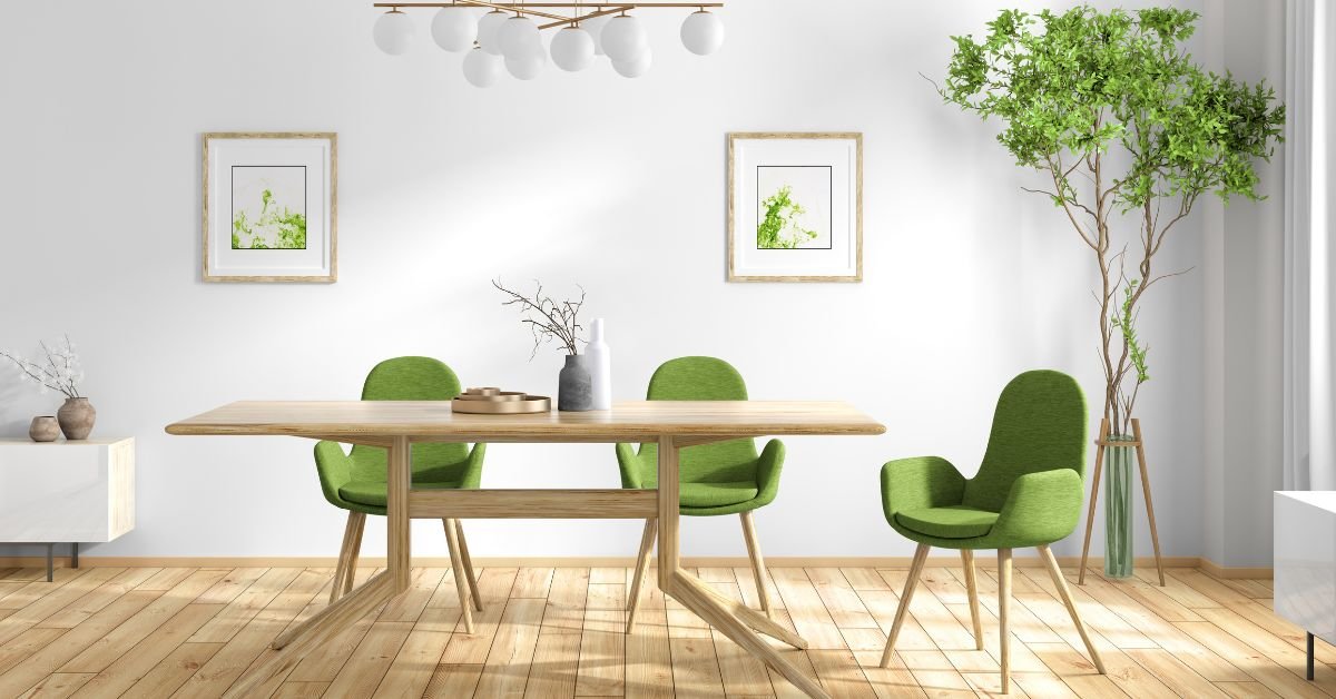 A dining room featuring a wooden table surrounded by green chairs, creating a vibrant and inviting atmosphere.