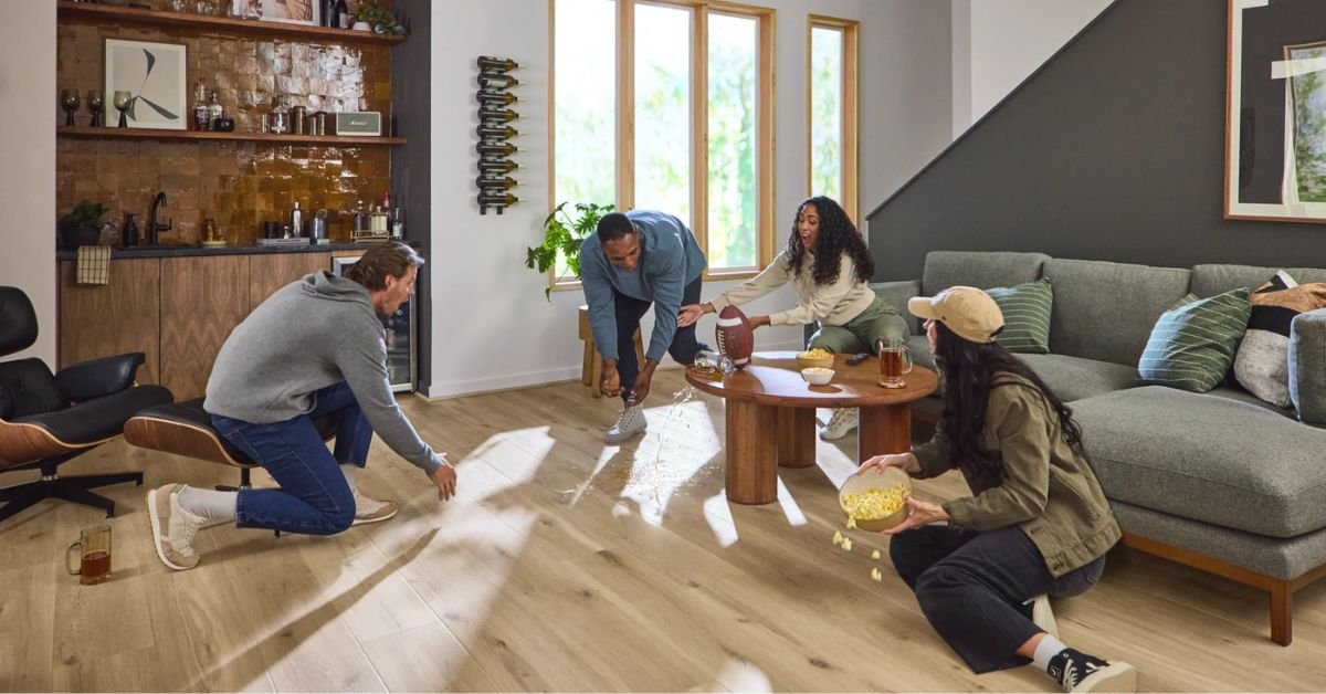 A living room scene featuring four people focused on a spill