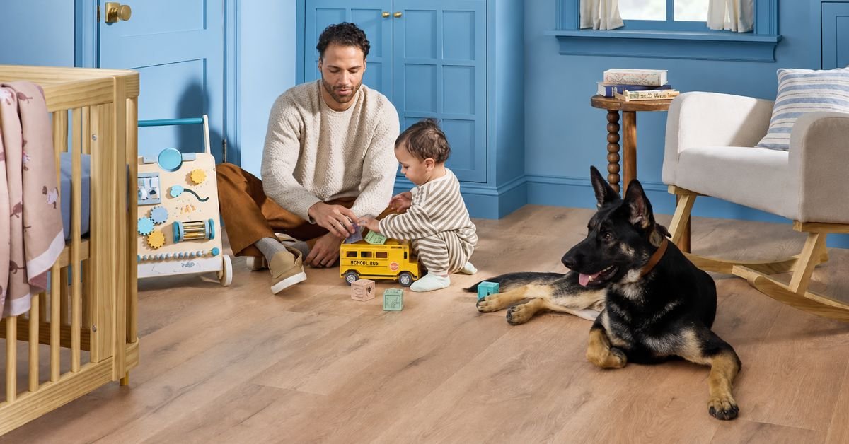 A man and a child joyfully play with a dog in a cozy room filled with natural light.