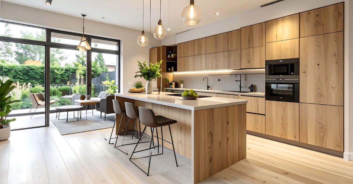 A modern kitchen featuring wooden cabinets and a spacious island, showcasing a contemporary design and inviting atmosphere.