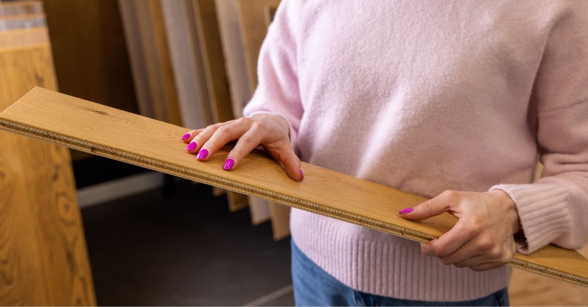 A woman stands in Floors USA, holding a plank of wood, examining it with a focused expression.