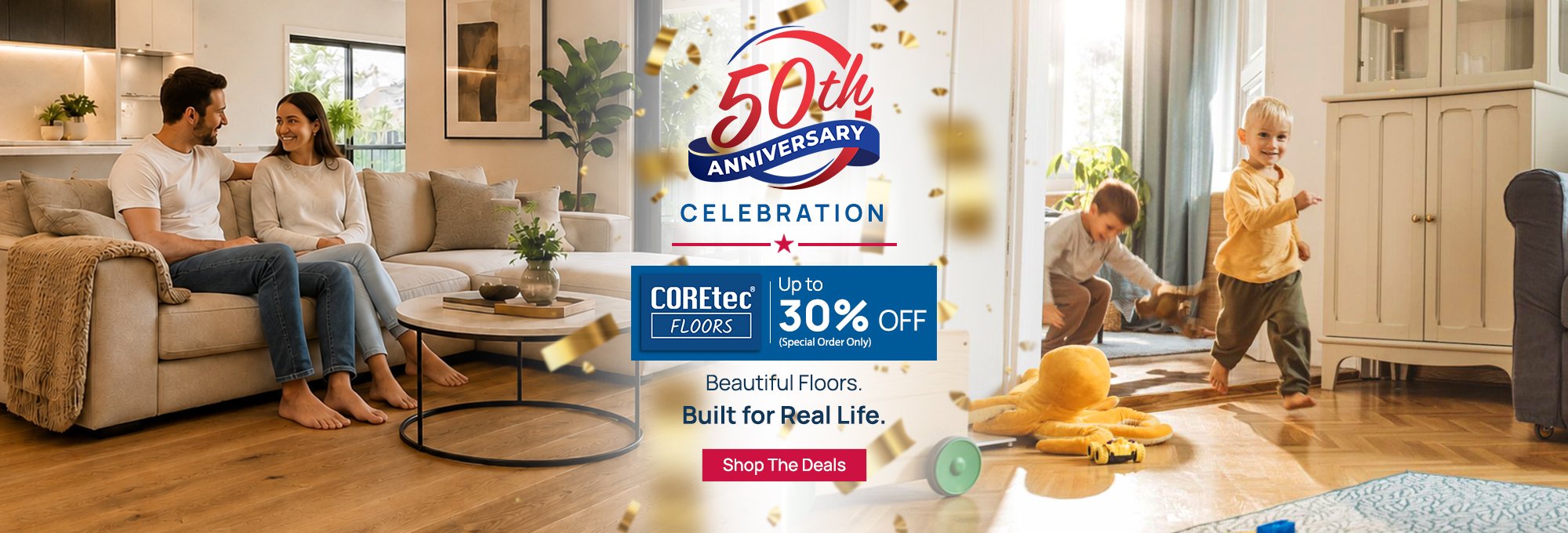 COREtec Flooring Event announcement with promotional graphics and vibrant colors.