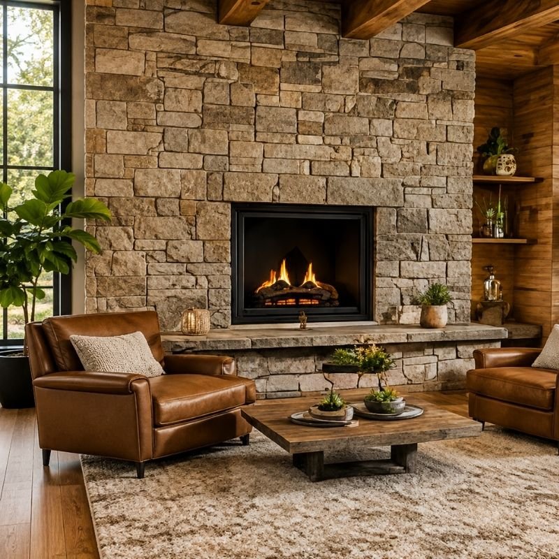 A cozy living room featuring a stone fireplace and elegant leather furniture, creating a warm and inviting atmosphere.