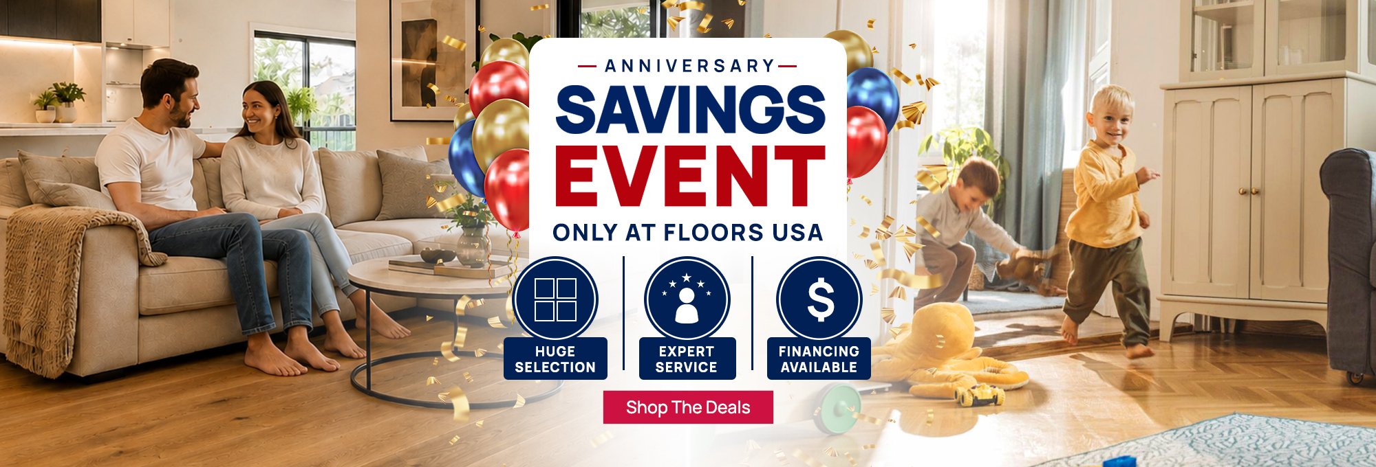 Savings event announcement with promotional graphics and vibrant colors.