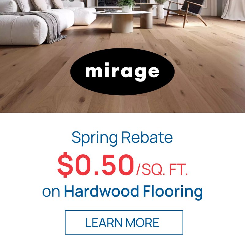 Promotional image featuring a $0.50 per sq. ft. rebate on Mirage Floors.