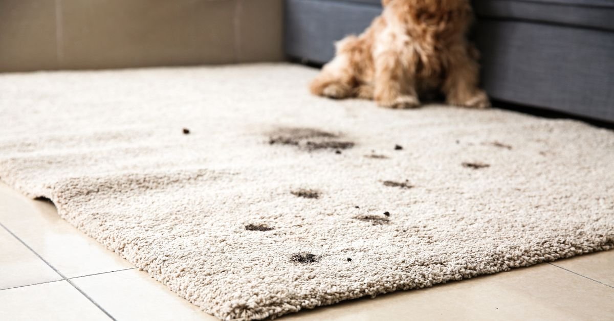 A dog sitting on a rug decorated with paw prints, looking content and relaxed in its cozy environment.
