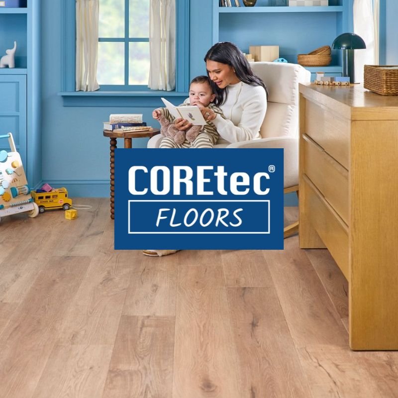 A woman seated on a chair with the phrase "COREtec Floors" displayed, highlighting modern flooring design.