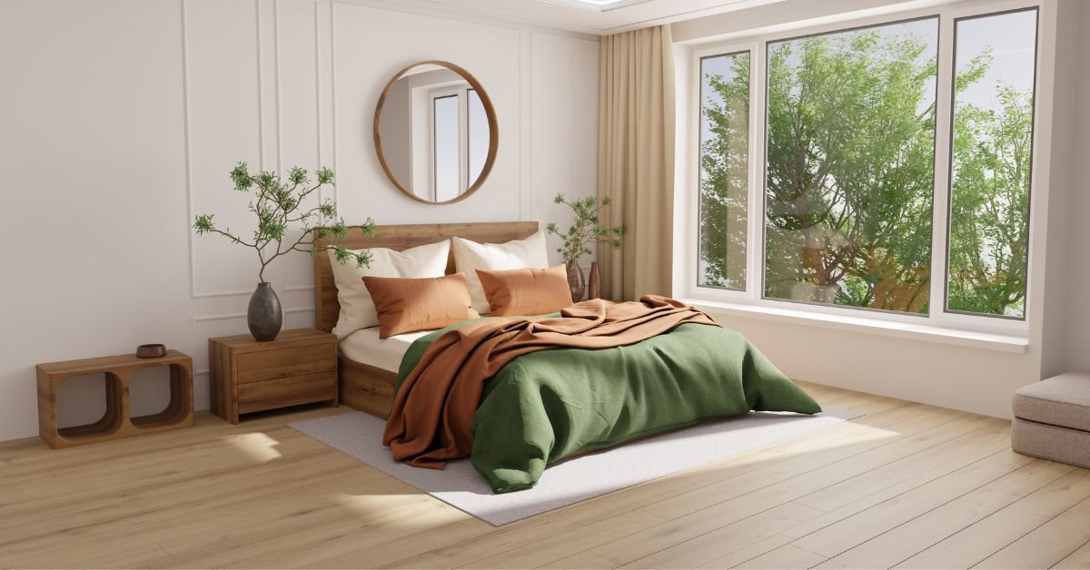 A cozy bedroom featuring a green bed on a warm wooden floor, creating a serene and inviting atmosphere.