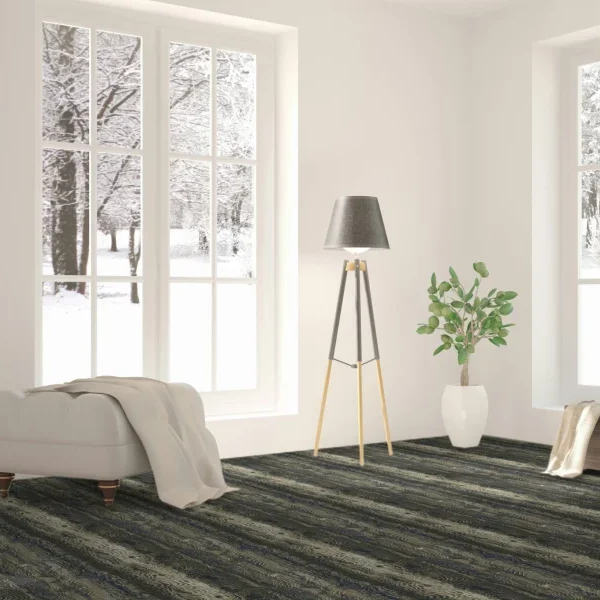 Patterned carpet in bright living room