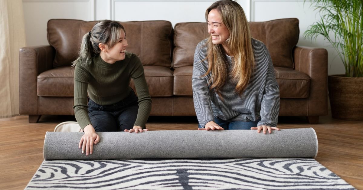 Two women are rolling out an area rug on the floor, working together to neatly store it away.
