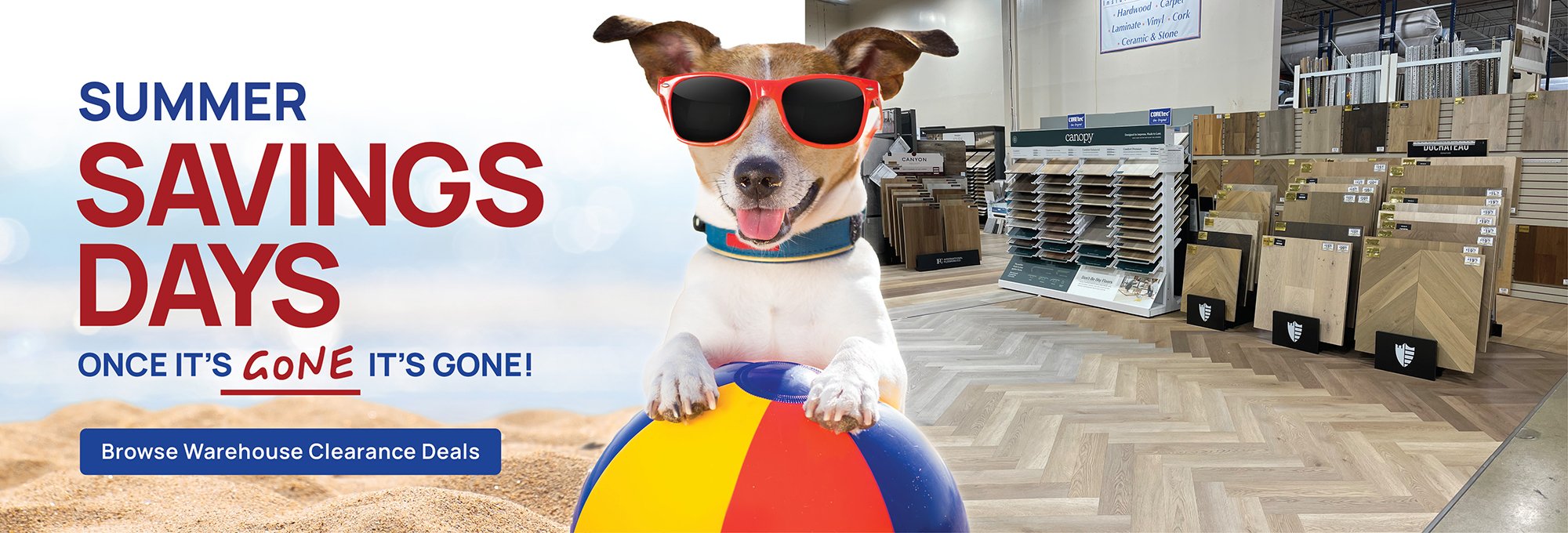 Summer savings event banner at Floors USA featuring discounts on home improvement products.
