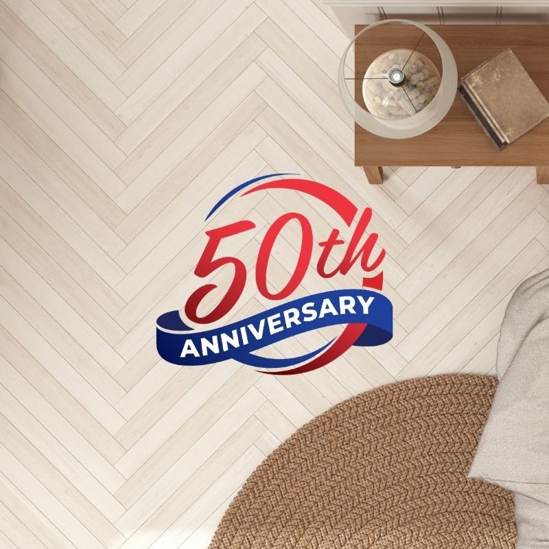 Logo celebrating 50 years of a home improvement company, showcasing a blend of tradition and modernity.