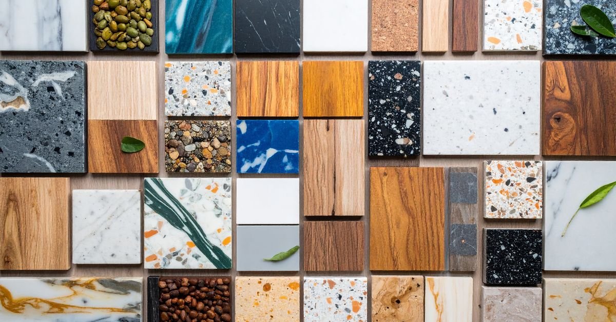 A collection of colorful marble and wood samples showcasing various textures and patterns.