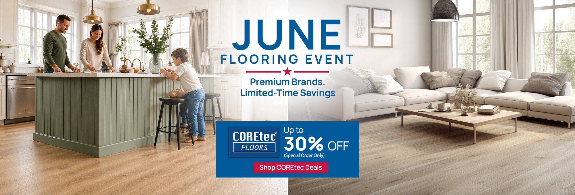 June COREtec Flooring Event announcement with promotional graphics and vibrant colors.