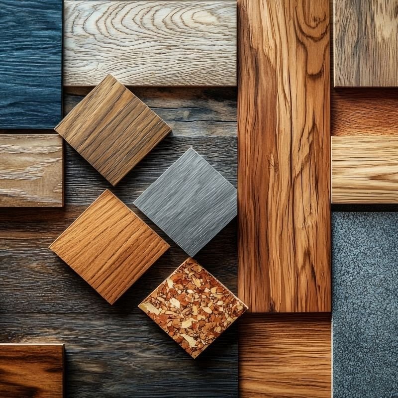 A display of various wood flooring types, showcasing different colors, grains, and finishes for interior design options.