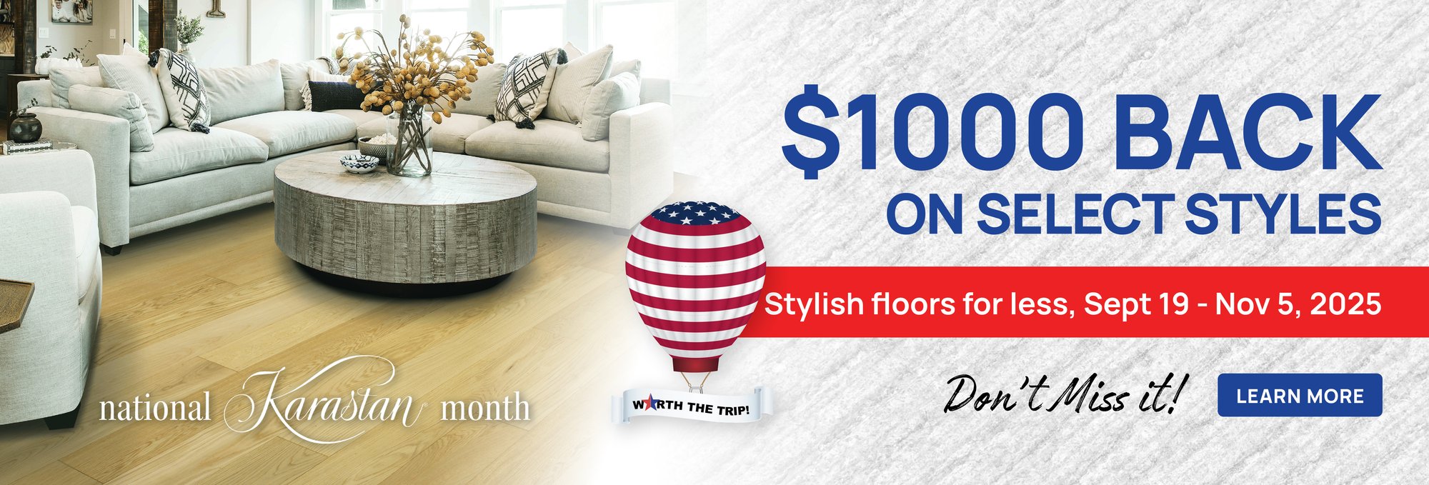 Karastan flooring event banner at Floors USA featuring discounts on home improvement products.
