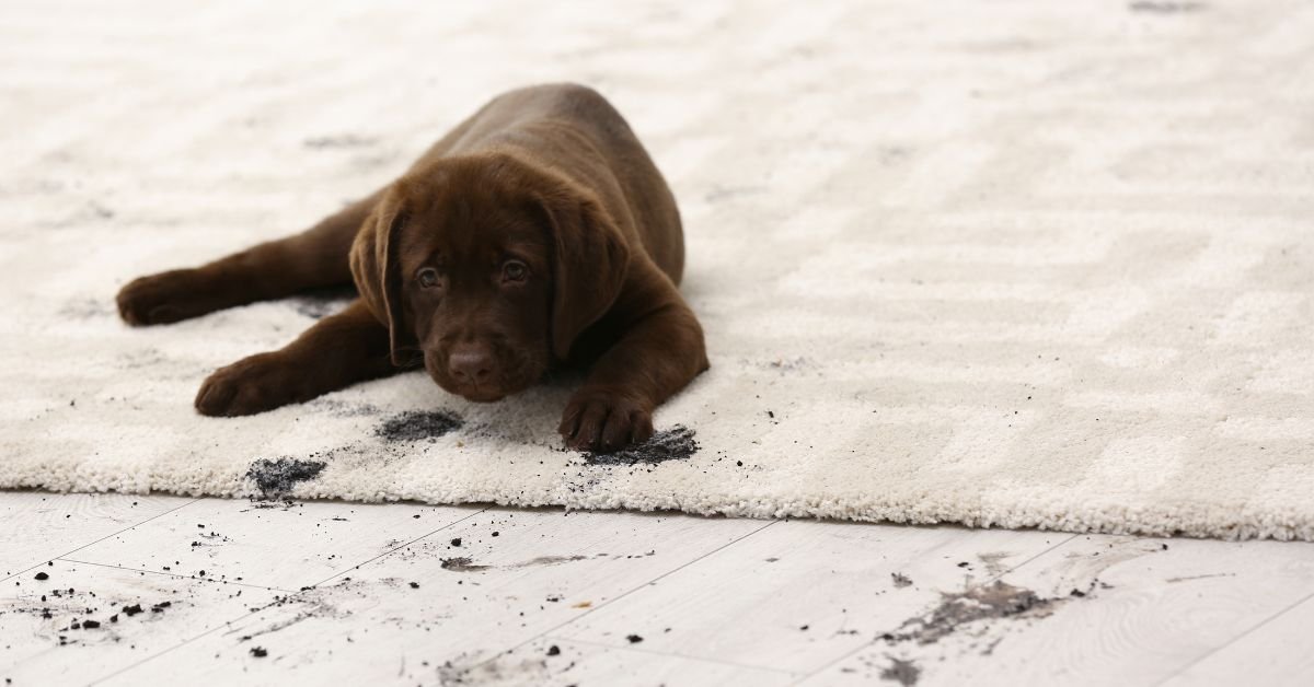 A brown puppy lying peacefully on a fluffy white rug, enjoying its cozy surroundings.