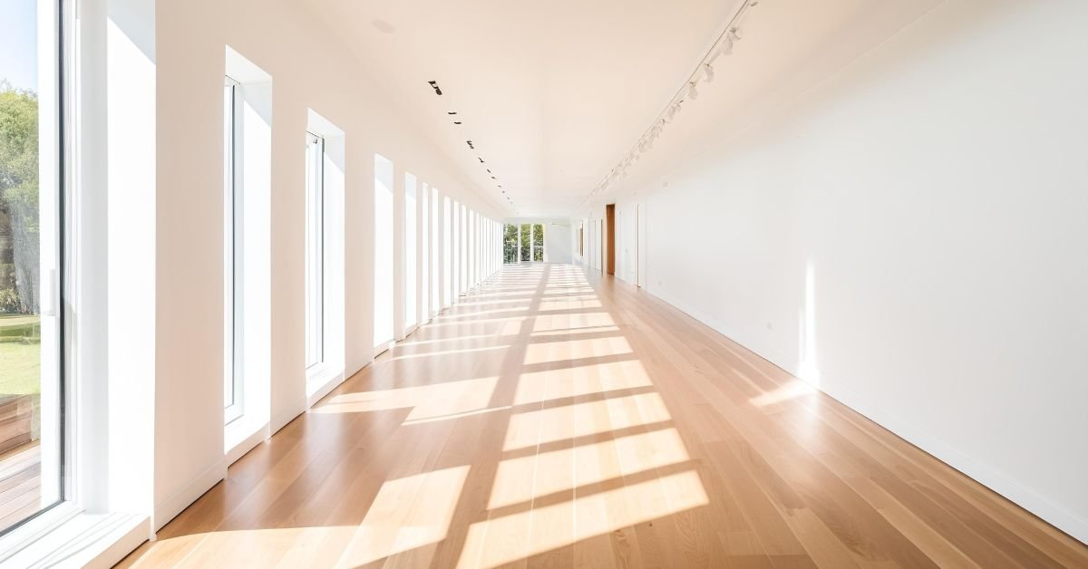 A spacious hallway lined with windows, showcasing beautiful wood floors that enhance the room&#x27;s warmth.