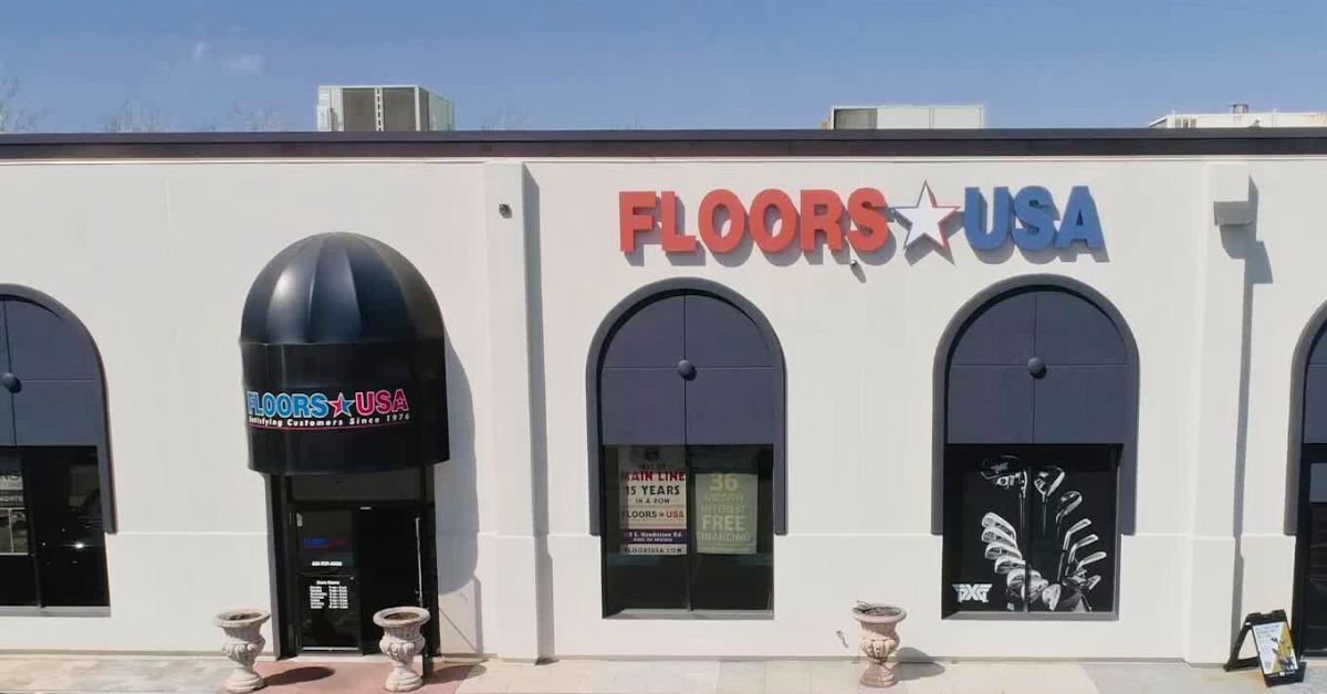 Exterior drone shot of the Floors USA store