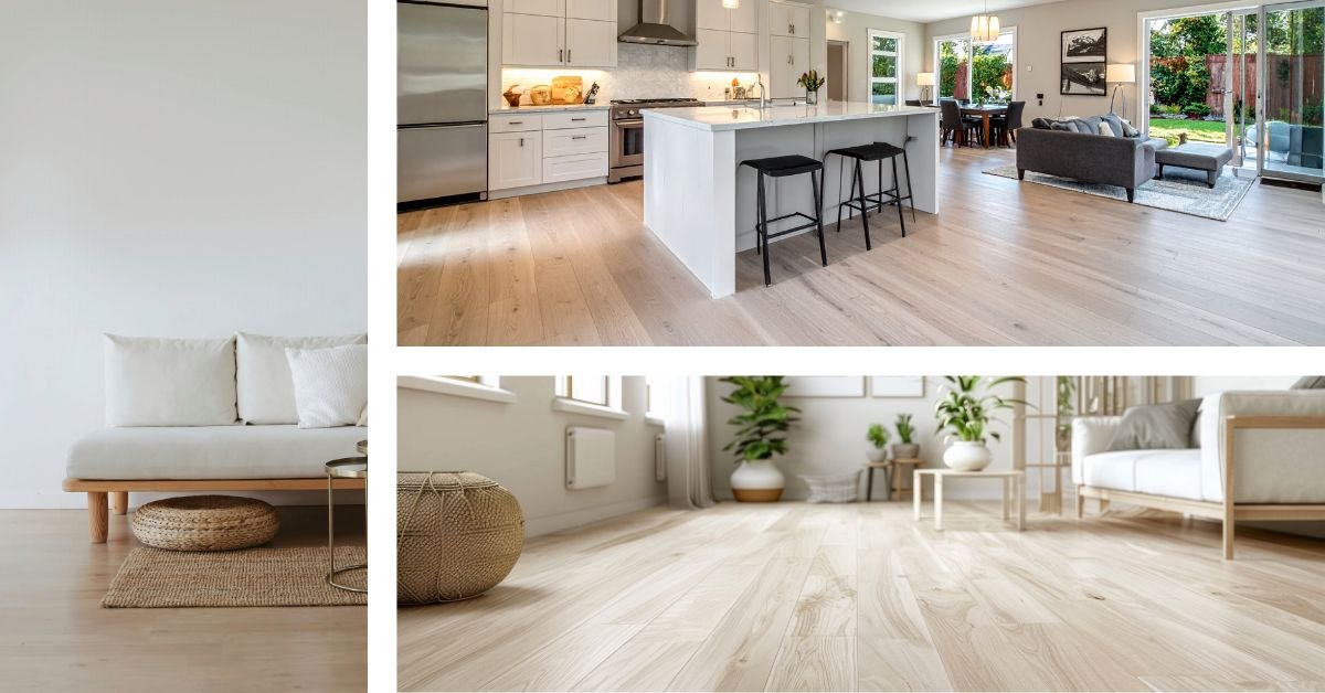 A collage showcasing various types of luxury vinyl flooring, highlighting different colors, textures, and patterns.