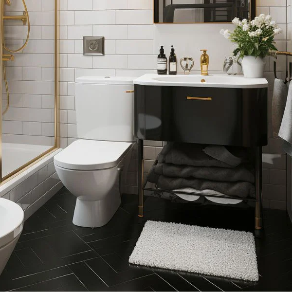 beautiful small bathroom with black pattern tile