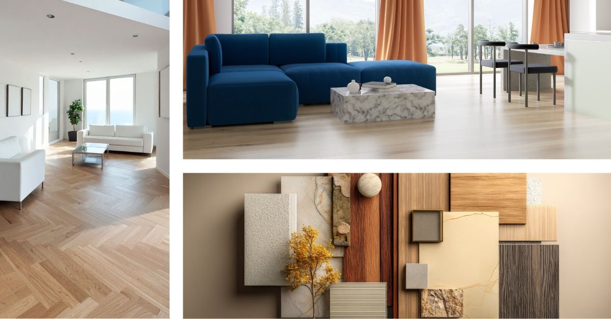 A collection of images displaying diverse engineered hardwood flooring options, featuring unique patterns and finishes.
