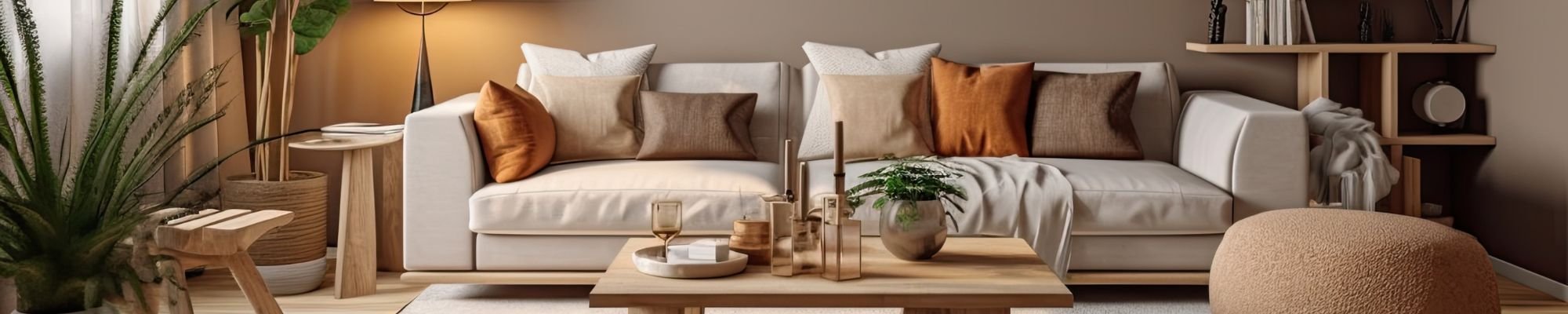 A Nice Apartment's Living Room Is Stylishly Decorated with a Brown Wooden Sofa, a Coffee Table, a Gray Bookshelf, a Pillow, and Fine Accents. Idea in Beige and Japanese. Staging a Home.