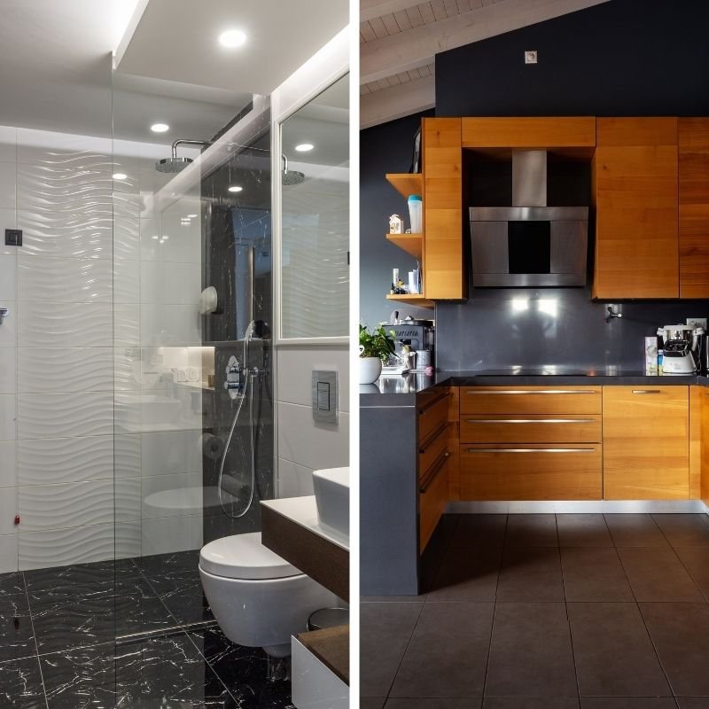 Two images showcasing a sleek modern kitchen and a contemporary bathroom design.