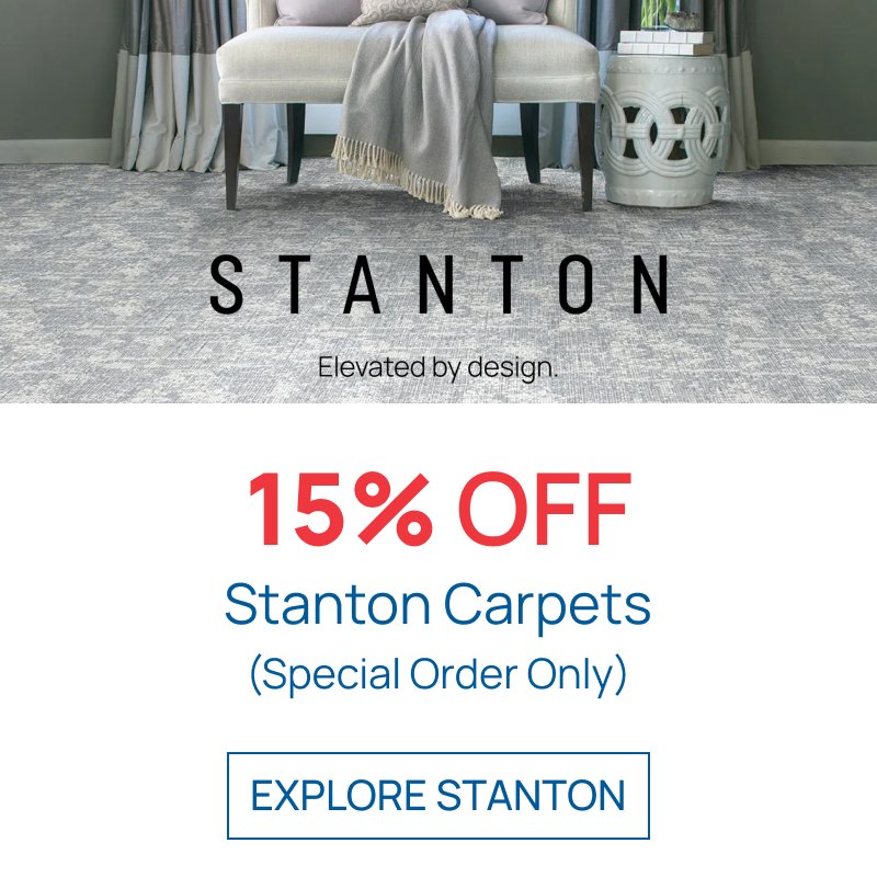 Promotional image featuring a 15% discount on Stanton carpet.